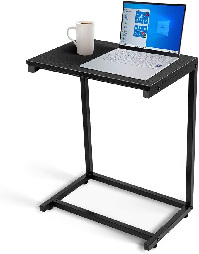 YSSOA Hardwood Surface C Shaped Sofa Side End Snack Desk, 13.75" x 21.75" x 27", Wooden, Black