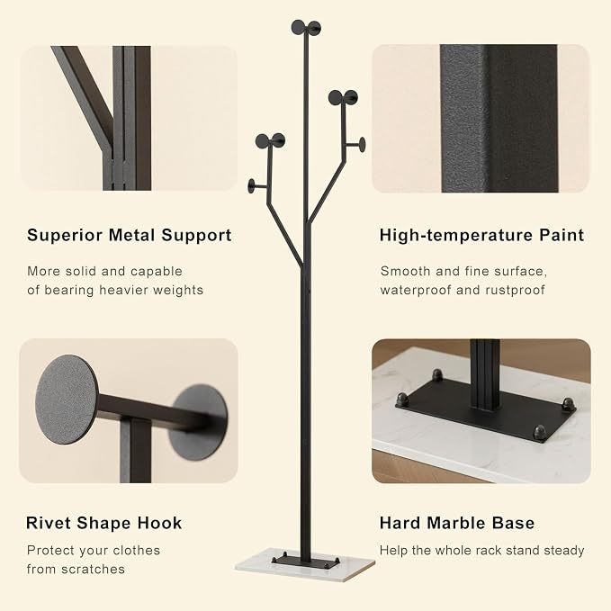 JIAYUEJU Heavy Duty Coat Rack Tree-shaped Metal Freestanding Coat Tree with Sturdy Marble Base Corner Coat Rack for Bedroom Entryway Hallway 14.96 x 10.24 x 68.9 Inches (Black)