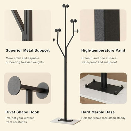 JIAYUEJU Heavy Duty Coat Rack Tree-shaped Metal Freestanding Coat Tree with Sturdy Marble Base Corner Coat Rack for Bedroom Entryway Hallway 14.96 x 10.24 x 68.9 Inches (Black)