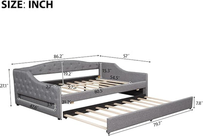 Merax Full XL Size Modern Upholstered Platform Bed with Trundle Bed, Linen Daybed with Wood Slat Support, Storage Bed Frame with Headboard/Gray