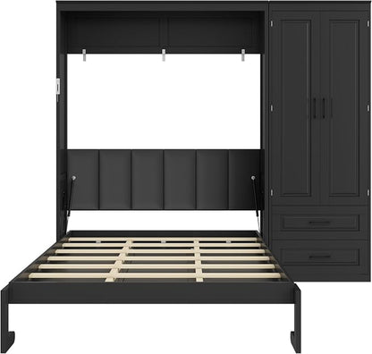 Merax Farmhouse Multi-Functional Murphy Bed with Wardrobe & Drawers,Black | Queen Size Solid Wood Foldable Wall Bed with Upholstered Headboard / No Box Spring Needed / Space Saving