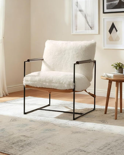 Karl home Modern Metal Frame Accent Chair, Creamy | Plush Fleece Upholstered, Wood Padded Armrest, 28" Seat Width, Comfy Lounge Armchair for Living Room, Bedroom, Apartment