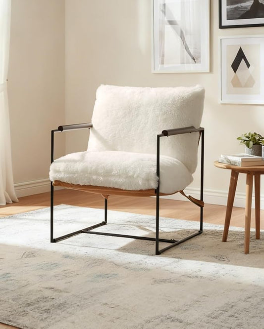Karl home Modern Metal Frame Accent Chair, Creamy | Plush Fleece Upholstered, Wood Padded Armrest, 28" Seat Width, Comfy Lounge Armchair for Living Room, Bedroom, Apartment