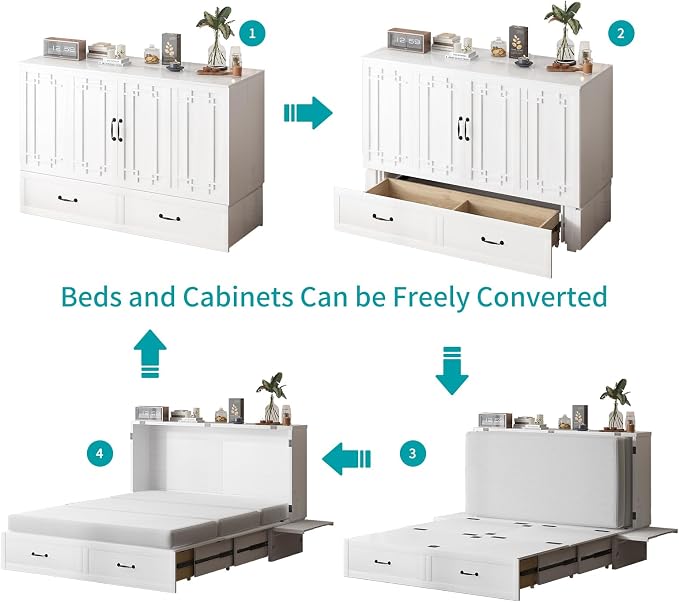BALUS Queen Murphy Bed with Mattress, Cabinet Bed with Mattress & USB Charging Ports & Storage Drawers, Space-Saving Chest Murphy Beds, Hidden Cabinet Beds for Bedroom, Office - White