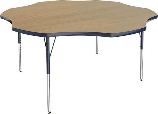 FDP Flower (60 x 60 inch) Collaborative Classroom Table with Adjustable Standard Swivel Glide Legs (19-30 in); School and Office Furniture - Pasadena Oak Top/Navy Edge and Legs