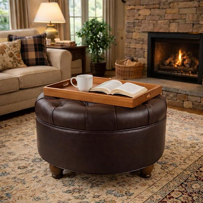 HomePop 25" Button Tufted Round Storage Ottoman - Distressed Brown Faux Leather