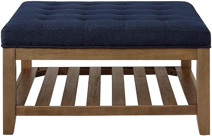 24KF Large Square Upholstered Tufted Linen Ottoman, Large Footrest Ottoman with Solid Wood Shelf- Navy Blue