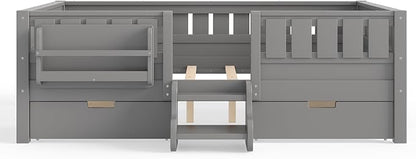 Bellemave Full Kids Montessori Bed with Stairs, Bookshelf and Drawers, Solid Wood Kids Bed Frame with Storage for Boys Girls, Low Profile,Gray