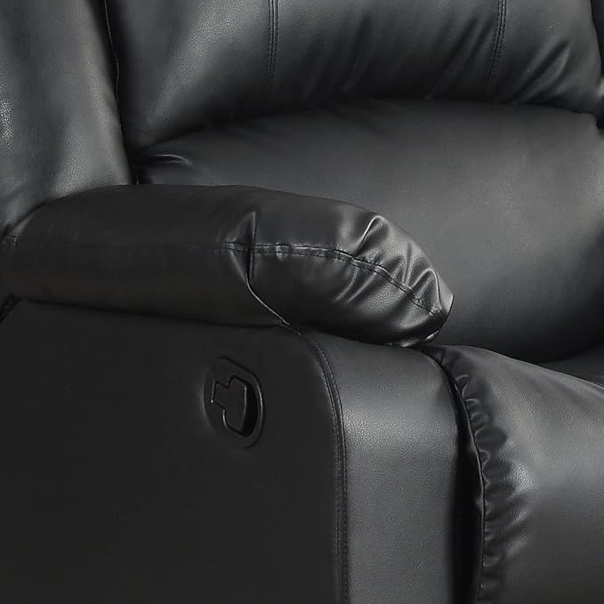 Warren 35.5" Manual Pull-Handle Recliner, Traditional Overstuffed, Pocket Coil Comfort, Black Metal Base Legs, Soft Vegan Leather Fabric, Black
