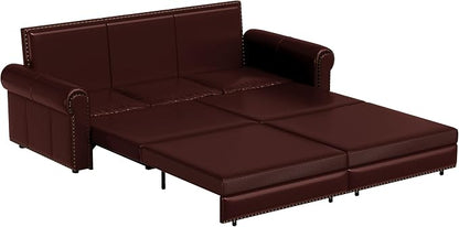 93.7" King Size Sleeper Sofa Bed, Pull Out Sofa Bed, Faux Leather Upholstery, 3 in 1 Convertible Sleeper Couch, Chaise Lounge, Retro Recliner for Living Room, Office, Apartment, Burgundy