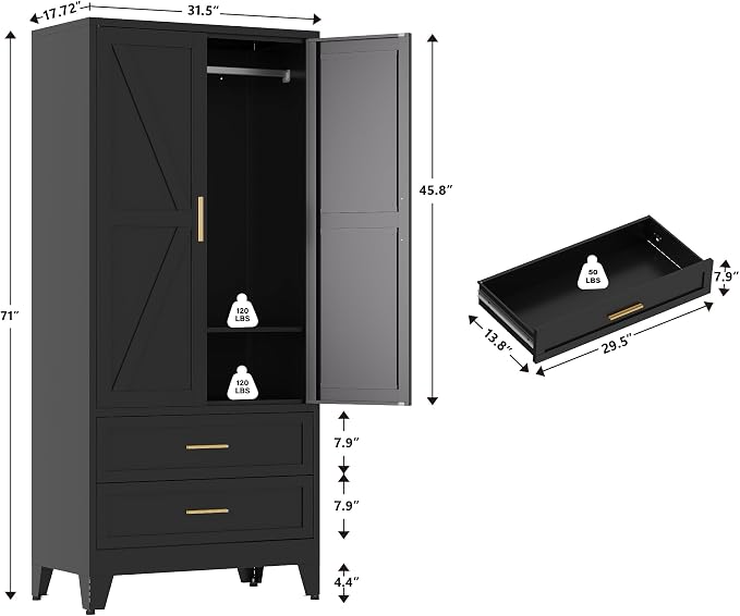 QINPTWUT 71" Tall Metal Wardrobe with Doors, Hanging Rod & Adjustable Shelf, Freestanding Steel Armoire for Bedroom Home Office, 2-Drawer Black