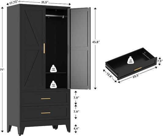 QINPTWUT 71" Tall Metal Wardrobe with Doors, Hanging Rod & Adjustable Shelf, Freestanding Steel Armoire for Bedroom Home Office, 2-Drawer Black