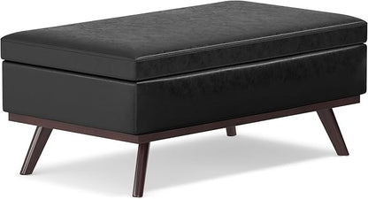 SIMPLIHOME Owen Lift Top Coffee Table Storage Ottoman - 42 inch Wide Upholstered Vegan Leather Rectangular Lift-Top Ottoman in Distressed Black, Mid-Century Modern Ottoman for Living Room