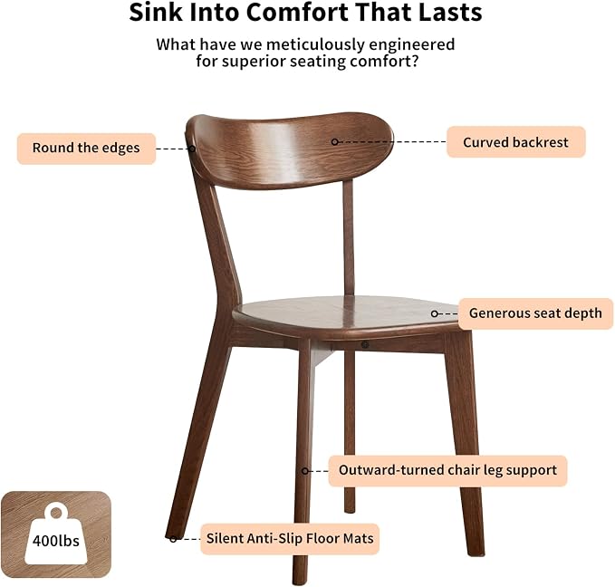 Mid Century Modern Walnut Dining Chairs Set of 4, FAS-Grade Solid Oak All Hardwood Frame, Armless & Curved Back, Heavy Duty 400 lb Capacity, Easy Assembly for Breakfast Nook, Dining Room, or Kitchen