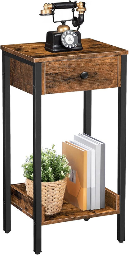 HOOBRO Tall End Table, Nightstand, Industrial Side Table with Drawer and Storage Shelf, for Study, Bedroom, Space Saving, Rustic Brown and Black BF71BZ01