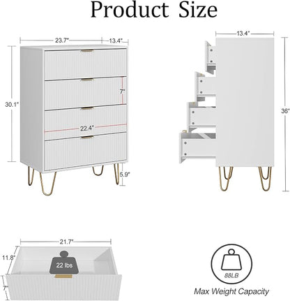 Masupu 4 Drawer Dresser, Drawer Chest, Tall Storage Chest Cabinet Organizer Unit with Metal Legs, Small Dresser for Bedroom, Living Room, Closet, Hallway White Stripe
