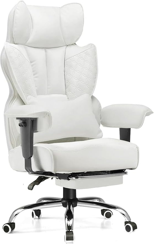 GTPLAYER Big and Tall Gaming Chair 400lbs Heavy Duty Office Chair with Foot Rest & Ergonomic Pocket Spring Lumbar Support, High Back 3D Saddle Shaped Cushion for Back Pain Relief, White