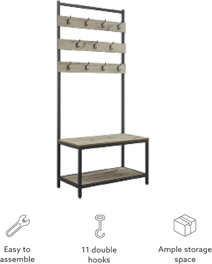 Linon Shaymus Grey Metal Hall Tree with Greywashed Wood Bench and Seat Featuring Multiple Hooks