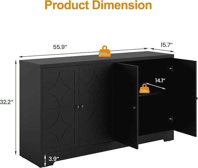 RoyalCraft 112'' Buffet Cabinet with Storage, Modern Sideboard with 4 Carved Doors, Large Wood Coffee Bar Console Table for Kitchen, Dining Room, Entryway, Living Room, Satin Black