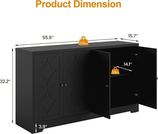 RoyalCraft 112'' Buffet Cabinet with Storage, Modern Sideboard with 4 Carved Doors, Large Wood Coffee Bar Console Table for Kitchen, Dining Room, Entryway, Living Room, Satin Black