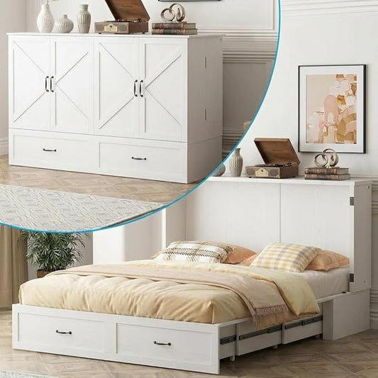 PUREMIND Murphy Bed Queen with Mattress Included, Crisscross Frame Cabinet Beds Chest with Charging Station & Storage Drawers, Convertible Hideaway Cabinet Bed for Guest Room, Small Spaces, White