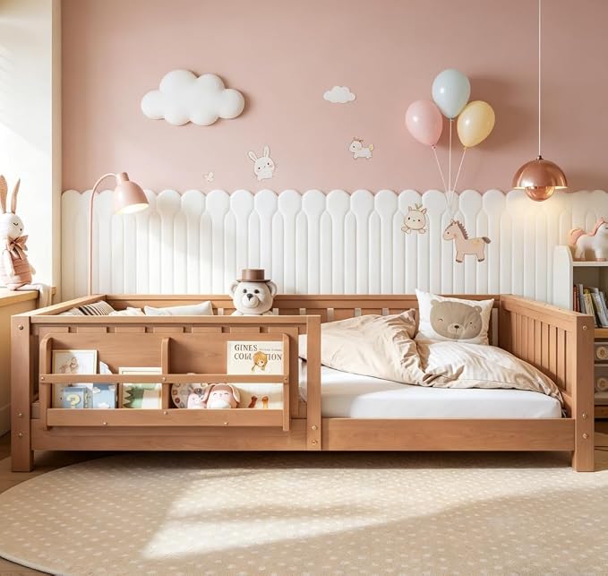Bellemave Full Size Floor Bed with high Rails and with Built-in Bookshelf for Kids, Girls, Boys, Wood Montessori Floor Bed Without Door, Natural