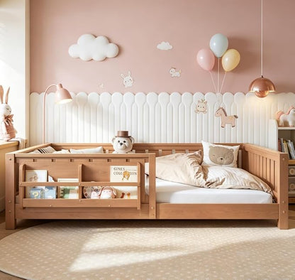 Bellemave Full Size Floor Bed with high Rails and with Built-in Bookshelf for Kids, Girls, Boys, Wood Montessori Floor Bed Without Door, Natural