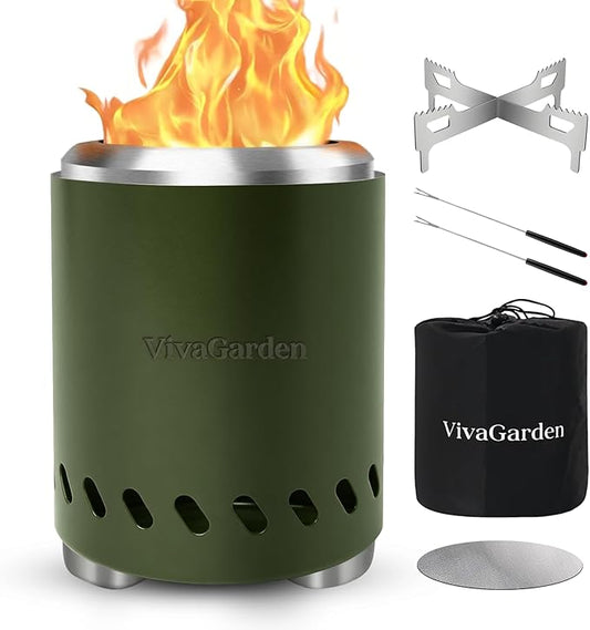 Smokeless Tabletop Fire Pit, VivaGarden Portable Outdoor Fire Pit for Camping, Patio, Backyard, Wood and Pellets Burning Camping Stove with Carry Bag, Forks, Mat and Pot Stand (9.7x7.1 Inch, Green)