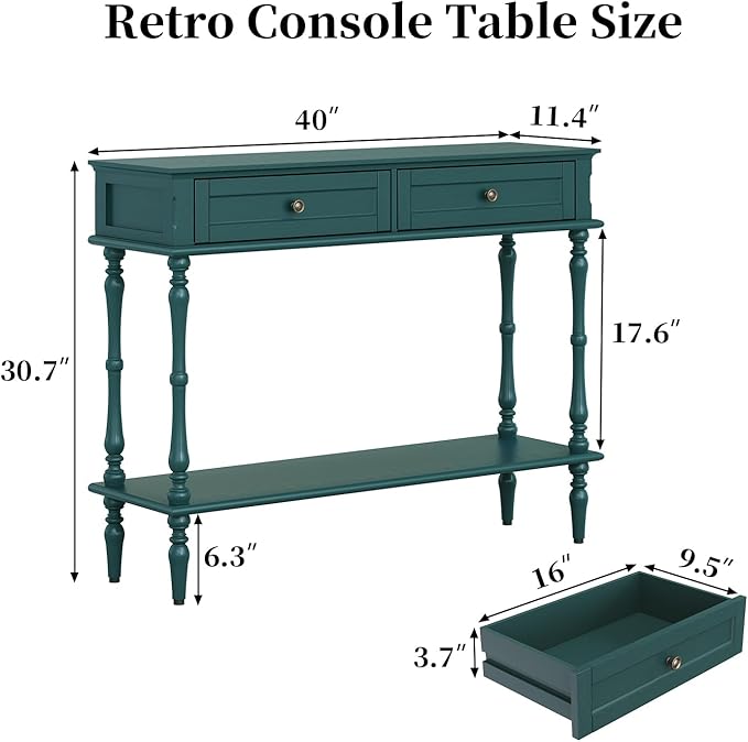 ARTPOWER Console Table for Entryway with 2 Drawers-Minimal Assembly,Green Retro Entryway Table with Storage Cabinets and Open Shelf,Narrow Long Couch Table Behind Sofa for Living Room,Foyer,Hallway