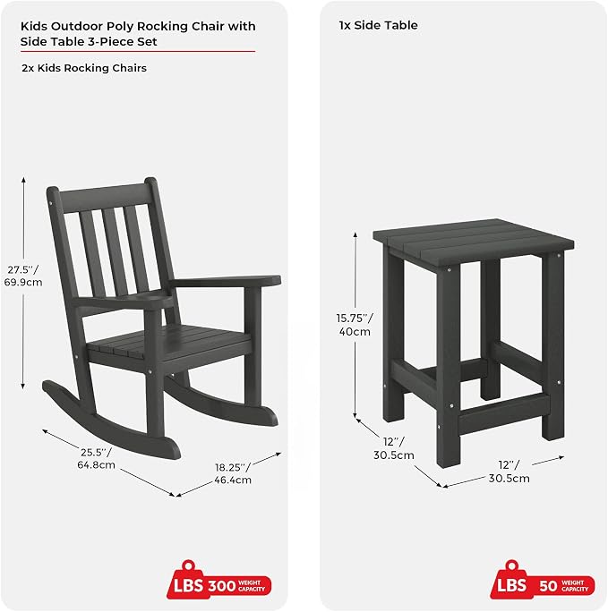 Costaelm Paradise Kids 3-Piece Outdoor HDPE Plastic Square Side Table and Rocking Chairs Set, Gray