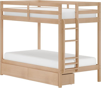 Grain & Grove Bear Twin Over Twin Bunk Bed with Storage Drawers, Sturdy Bunk Bed Frame for Kids, Plywood Bunk with Ladder, Guardrail, and Slats, No Box Spring Required, Oak Embossed Natural