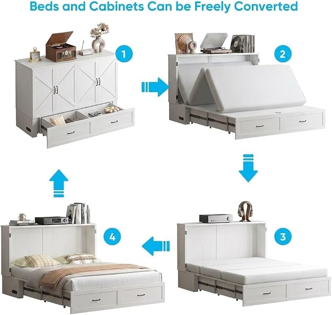 Mjkone Murphy Bed, Cabinet Beds Queen Size with Mattress Included, USB Charging Port, Drawer, Space Saving Queen Murphy Chest Bed, Hidden Cabinet Guest Wall Beds for Bedroom, Apartment, White