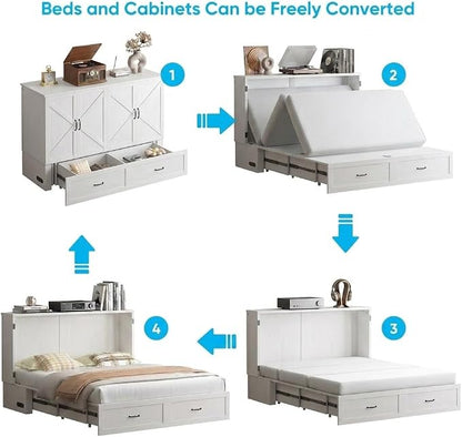 Mjkone Murphy Bed, Cabinet Beds Queen Size with Mattress Included, USB Charging Port, Drawer, Space Saving Queen Murphy Chest Bed, Hidden Cabinet Guest Wall Beds for Bedroom, Apartment, White