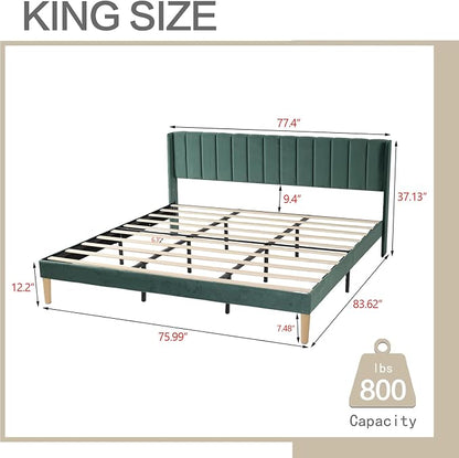 AGARTT Upholstered Platform Bed Frame King Size with Headboard and Footboard/Wooden Slats Support/No Box Spring Needed/Easy Assembly,Ink Green Velvet