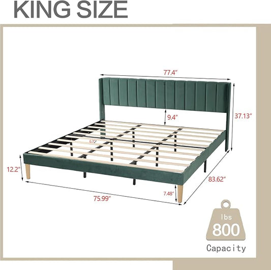 AGARTT Upholstered Platform Bed Frame King Size with Headboard and Footboard/Wooden Slats Support/No Box Spring Needed/Easy Assembly,Ink Green Velvet
