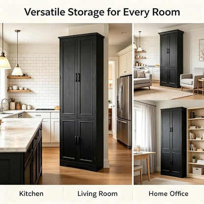Function Home 72" Kitchen Pantry Cabinet, Tall Wood Farmhouse Storage Cabinet with Doors and Adjustable Shelves, 6 Tier Freestanding Cupboard for Kitchen Dining Room Living Room Bathroom, Black