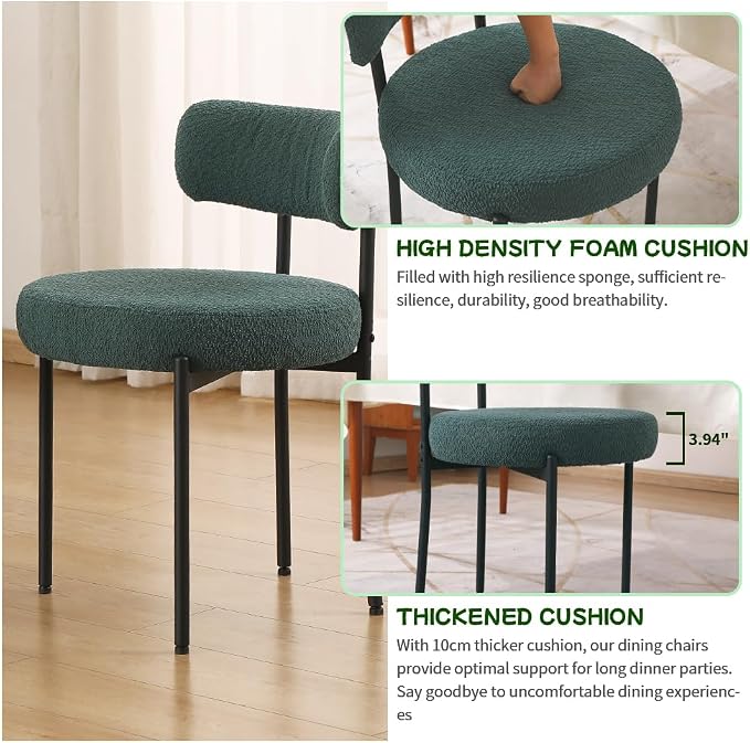EDWELL Dining Chairs Set of 6, Modern Upholstered Dining Room Chairs with Black Metal Legs, Green Curved Backrest Kitchen Chair for Dining Room, Living Room