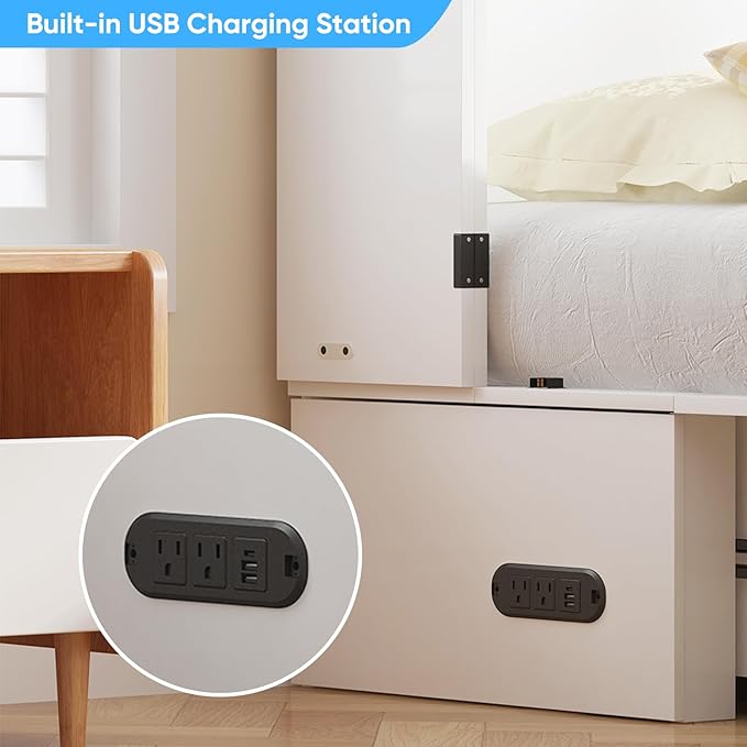 Mjkone Queen Size Murphy Bed Cabinet with USB Charging Station, 63.39" Width Storage Chest Cabinet Murphy Beds with Foldable Panel for Guest Small Spaces Home Offices, Mattress Not Included, White