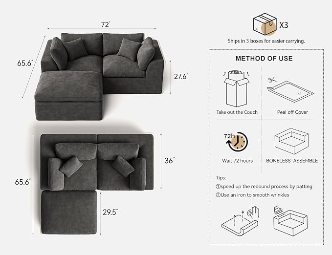 Loveseat Sofa with Ottoman | 72 Inch Modern Boneless Couch for Small Spaces | 2 Seater Small Sofa for Apartment Bedroom Living Room | Dark Grey Love Seat