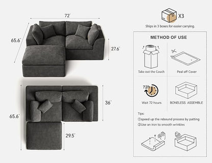 Loveseat Sofa with Ottoman | 72 Inch Modern Boneless Couch for Small Spaces | 2 Seater Small Sofa for Apartment Bedroom Living Room | Dark Grey Love Seat