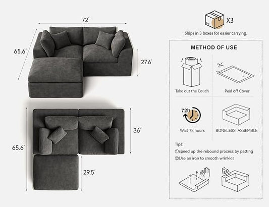 Loveseat Sofa with Ottoman | 72 Inch Modern Boneless Couch for Small Spaces | 2 Seater Small Sofa for Apartment Bedroom Living Room | Dark Grey Love Seat