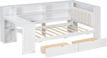 Bellemave Twin Corner Bed with Storage Shelves and Desk, Upholstered Headboard Daybed with Bookcase and Drawers，Daybed with Storage, White+Beige Cushion