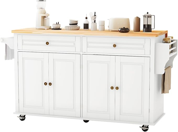 67 Kitchen Island Cart with Drop Leaf Breakfast Bar, Rolling Mobile Kitchen Island Table on Wheels with Storage Cabinet, Drawer, Spice/Towel Rack, White