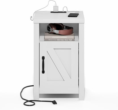 Furinno Farmhouse Night Stand with Charging Station, Bedside Table, Side Table, End Table with Door, USB Ports and Outlets, for Bedroom, Closet, Dorm, Plain White