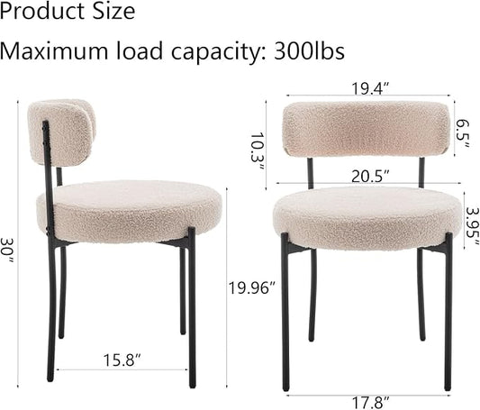 Cinxzar Boucle Dining Chairs Set of 4, Upholstered Dining Room Chairs with Black Metal Legs, Round Modern Dining Chair for Dining Room, Kitchen