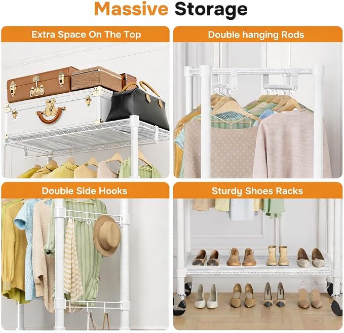 Simple Deluxe Rolling Clothes Rack, Heavy Duty Clothing Rack, 3-Shelf Portable Adjustable Wardrobe Closet with Wheels, Hanging Rods & Side Hooks, 29.5" W x 15.7" D x 75.6" H, White