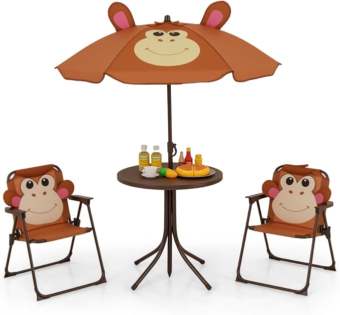 Costzon Kids Picnic Table, Kids Outdoor Table with 2 Folding Chairs, Height Adjustable Umbrella, Portable Children Outdoor Furniture for Patio, Garden, Backyard (Brown)