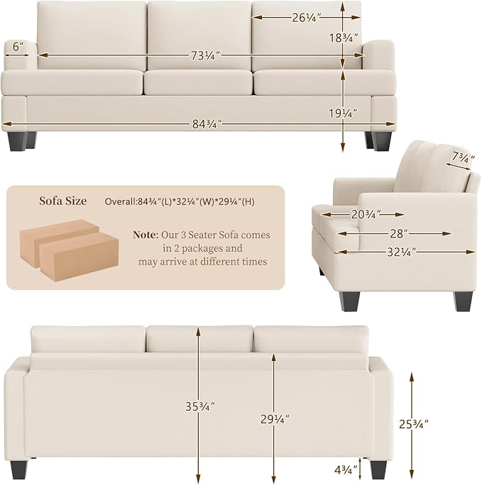 Furnimart 85 inch Deep Seat Sofa, Modern 3 Seater Couch, Beige Linen Sofa, Comfy Cloud Couch for Living Room, Cozy Fluffy Sofas with Removable Sofa Cover, Small Couches for Small Spaces