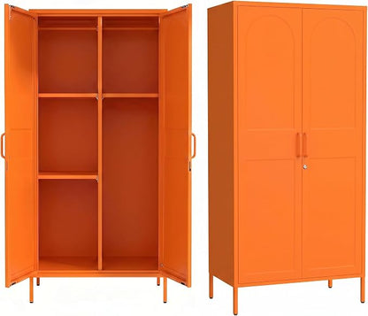 Lockable Closet Metal Wardrobe 67" Orange 2 Door Wardrobe Bedroom Storage Cabinet Adjustable shelf Multi functional metal Storage Cabinet with hanging rail for domestic use 18.1" D x 31.5" W x 67" H