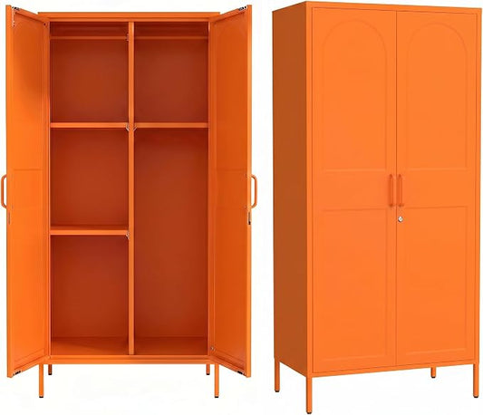 Lockable Closet Metal Wardrobe 67" Orange 2 Door Wardrobe Bedroom Storage Cabinet Adjustable shelf Multi functional metal Storage Cabinet with hanging rail for domestic use 18.1" D x 31.5" W x 67" H
